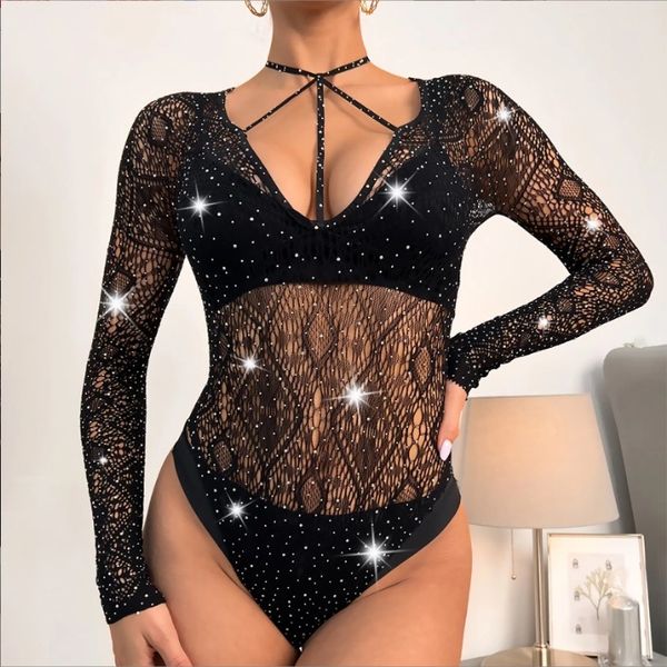 F188 Black Long Sleeve Rhinestone Neck Strap