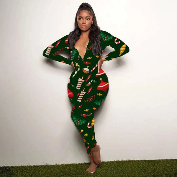 CD55 Evergreen and Bells Designed Long Sleeve Full-Length One-Piece Pajama