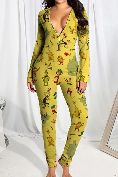 KB240 Yellow Thorax Printed Cartoon Open Flap Long Pajama