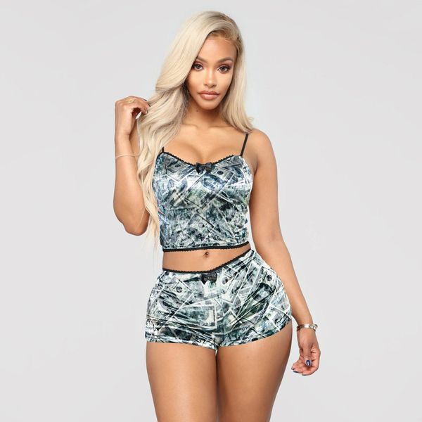 SK817 Money Printed Velvet Two-Piece Short Pajama/Lounge Set