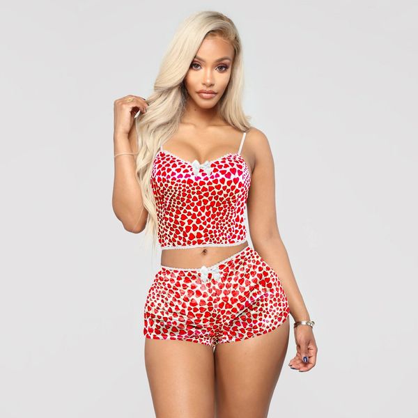 SK718 Red Hearts Printed Velvet Two-Piece Short Pajama/Lounge Set