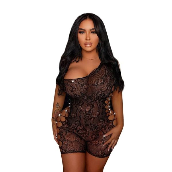 TZ43 Side Beaded Net Mesh Lingerie Romper