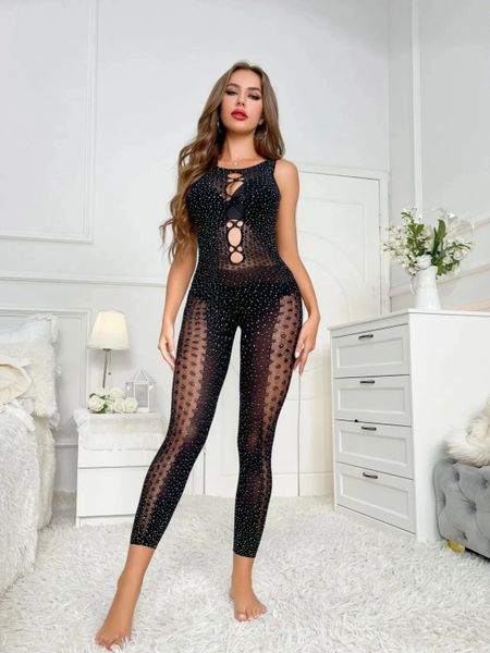 T217 Black Closed Crotch Beaded Sleeveless Net Bodystocking