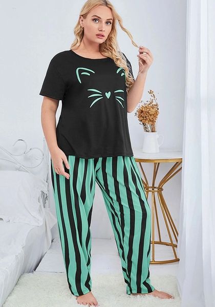 PX52 Plus Size Short Sleeve T-Shirt Striped Long Pants Pajamas