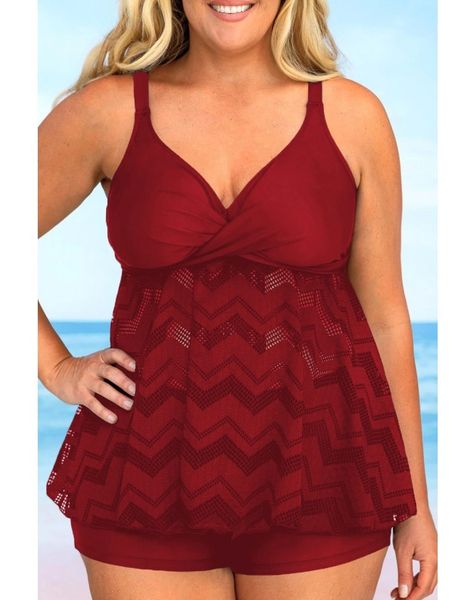 SL153 Red Ruffled Sleeveless V Neck Plus Size Swimsuit