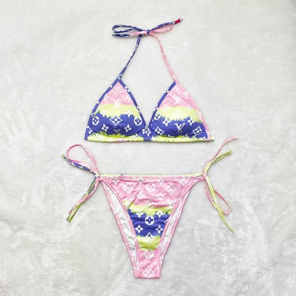 S6033 Pink Yellow Multi Color LV Type Bikini Set