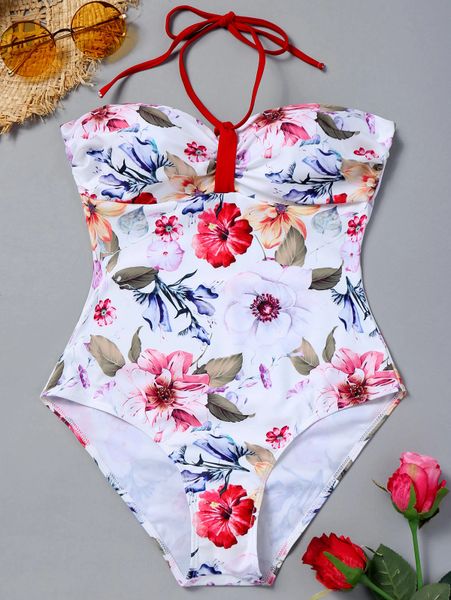 SK423 Floral Multi Color Halter Tie One Piece Swimsuit