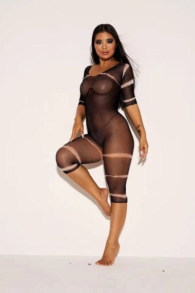 TD6622 Black Cream Tie Dye Fishnet Capri Style Bodystocking