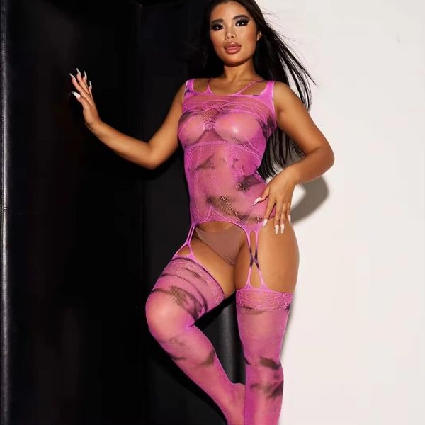 TD6607 Fuchsia Brown Tie Dye Fishnet Suspender Bodystocking