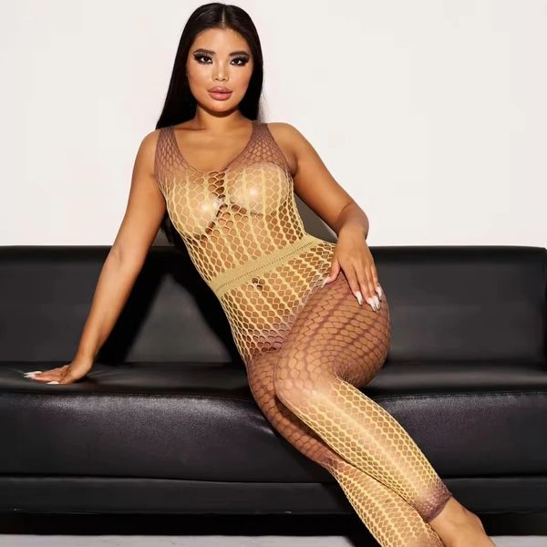 TD6606 Beige Brown Tie Dye Fishnet Footless Bodystocking