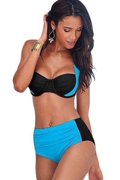 1898 Blue Stylish Bi-color High Waist Swimsuit