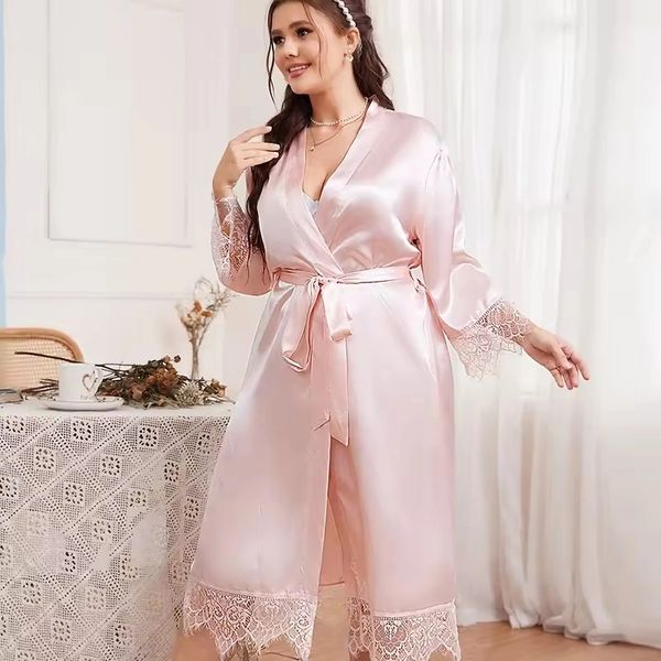 G254 Light Pink Satin Lace Trim Full Length Robe