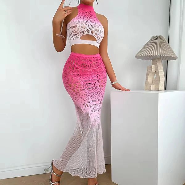 ST4602 Pink/White Tye Dye Fishnet Crop Top and Skirt Set