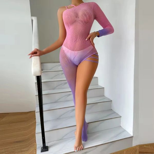 ST601 Pink/Lilac Tye Dye Mesh One Shoulder One Leg Bodystocking