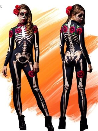 HW36 Black Day of the Dead Catsuit Skeleton Costume Jumpsuit