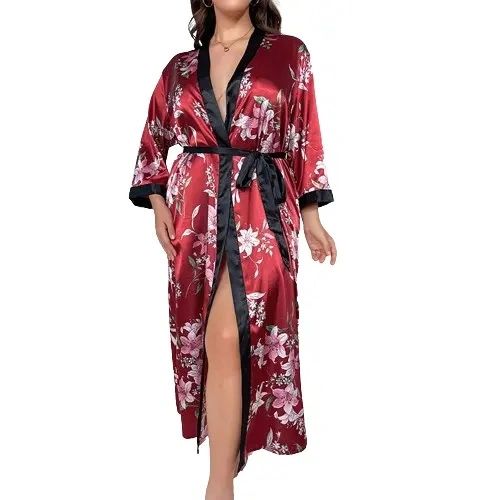 RH511 Wine Floral Printed Satin Robe