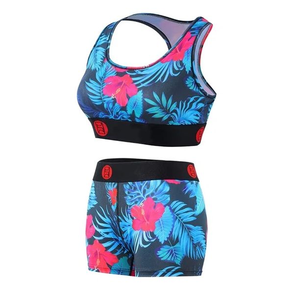 B778 Floral Blue Leaf 3D Printed Racerback Pajama/Lounge Set