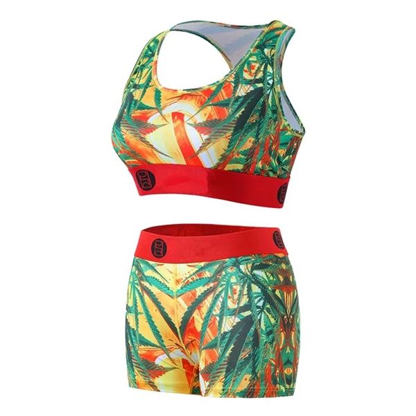 J778 Orange Green Leaf 3D Printed Racerback Pajama/Lounge Set