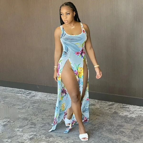9870B Blue Floral Printed Split Beach Dress/Cover Up