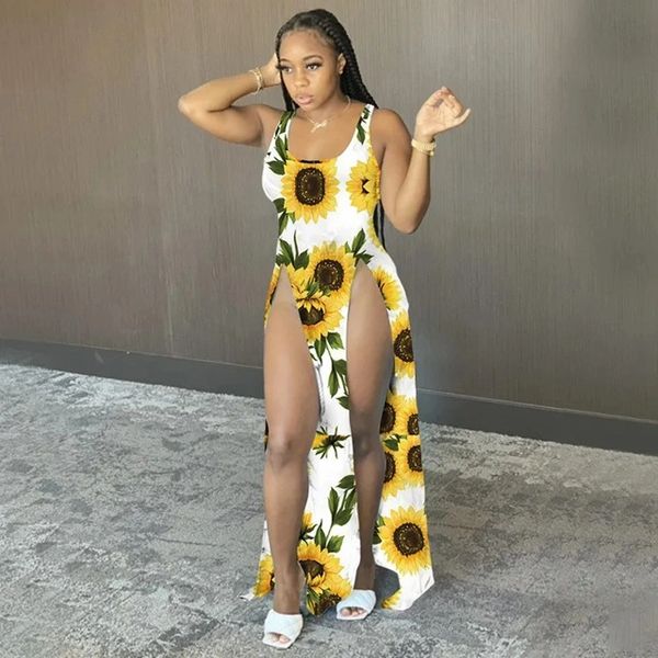 9870S Sunflower Printed Split Beach Dress/Cover Up
