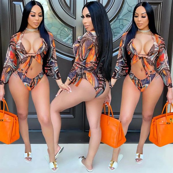 SX67 Orange Brown Three Piece Bikini Set