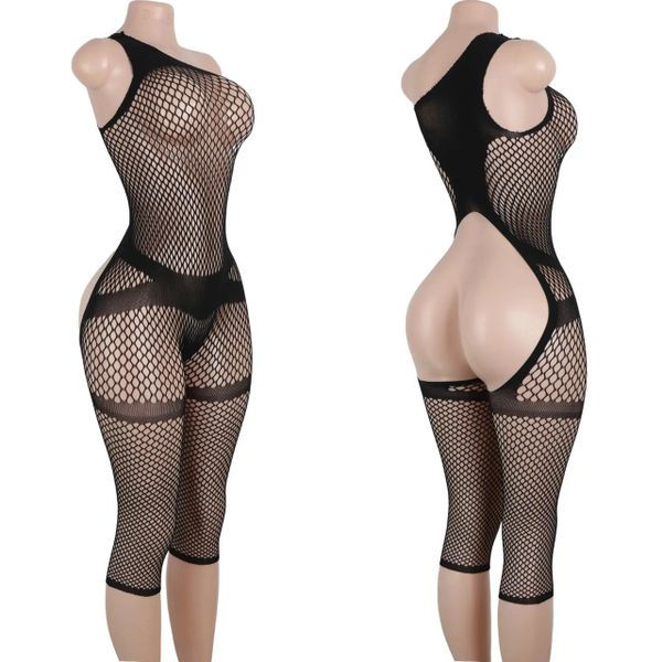 D075 Black Medium Fishnet Open Rear Capri Style Bodystocking
