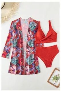 SH153 Red 3 Pieces Swimsuit with Cover Up