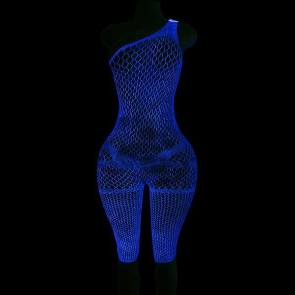 DL14 Turquoise Luminous Fishnet Open Rear Capri Style Bodystocking