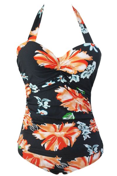 8643 Floral Print Black Retro One Piece Swimsuit