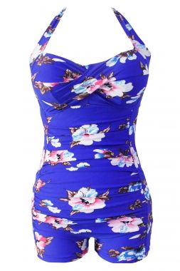 9784X Floral Print Vintage Halter Sheath Swimsuit