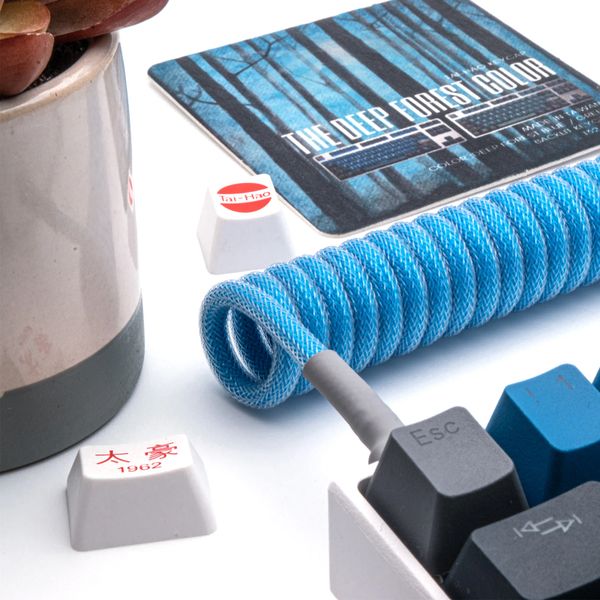 Custom Coiled Type C Cable Blue For Tai Hao Deep Forest Ducky Keyboard Aviator Gx16