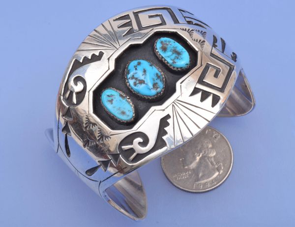 Dazzling Navajo shadow-box Sterling cuff with Sleeping Beauty turquoise by Kee Brown.