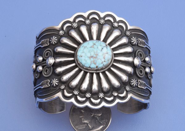 Extreme Repousse` Sterling cuff with Dry Creek turquoise by Darrell Cadman. SOLD!