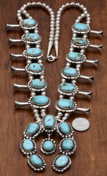 Navajo squash blossom necklace with Kingman mine turquoise, by Augustine Largo. SOLD! #0652