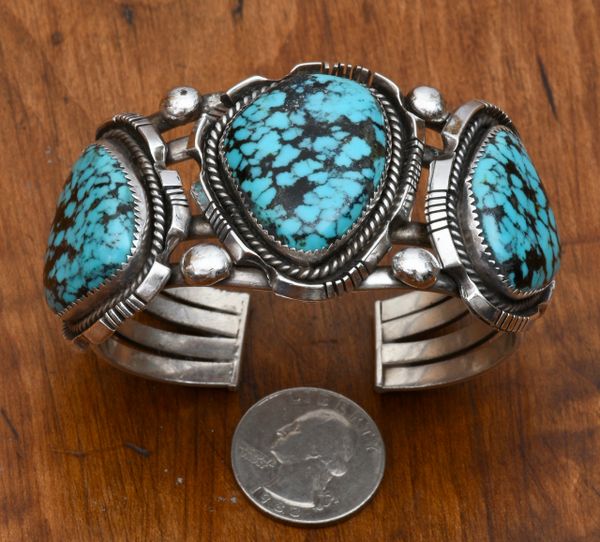 Navajo Sterling triplet pawn cuff with spider web turquoise. #0821