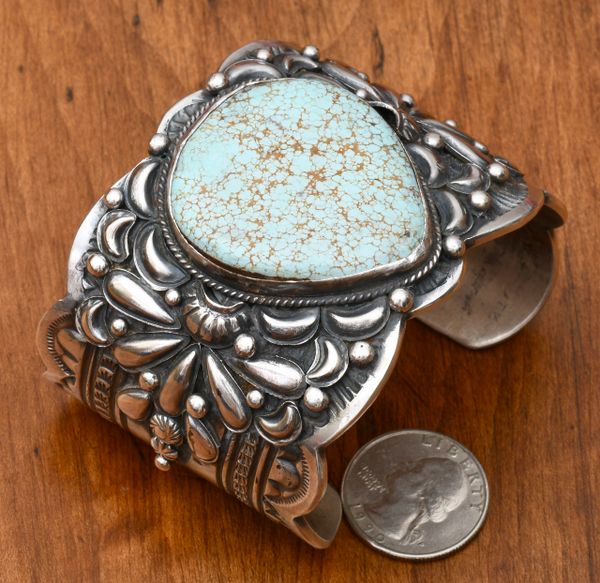 Single-stone Navajo cuff with old, original No. 8 mine turquoise by Gilbert Tom. #0483