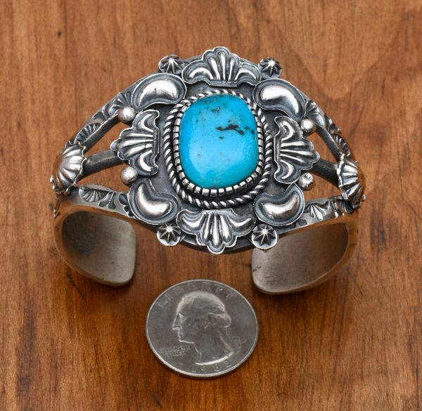 Sterling Navajo old-style cuff with Kingman turquoise by Kevin Billah. #0854