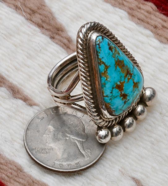 Size 9 Sterling Navajo ring with Kingman, Arizona turquoise, Alfred Martinez. #0904