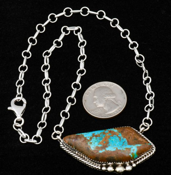Navajo Sterling bar necklace with ribbon (boulder) turquoise, by Donovan Skeets. #0970