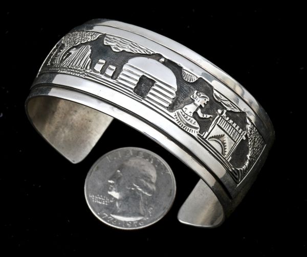 Sterling Navajo storyteller cuff by Tillie Jon. #0980