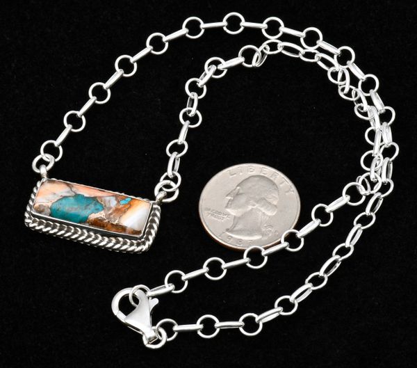 Navajo Sterling "bar" necklace made from compressing spiney oyster, turquoise and bronze. #0985