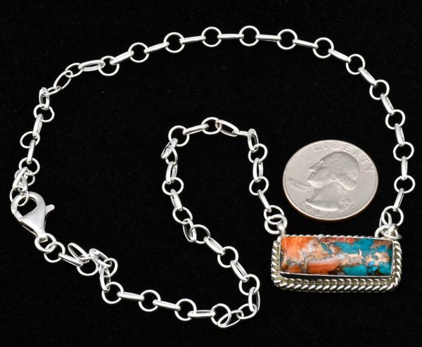 Navajo 18-inch, medium-size Sterling "bar" necklace with compressed turquoise, spiney-oyster shell and bronze, by Donovan Skeets. #0987