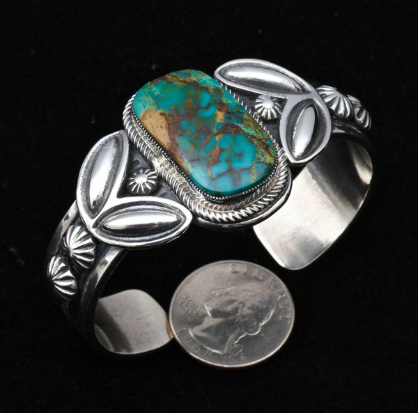 Thicker-gauge Sterling Navajo cuff with single Nevada Blue turquoise stone, by Leon Martinez. #0994