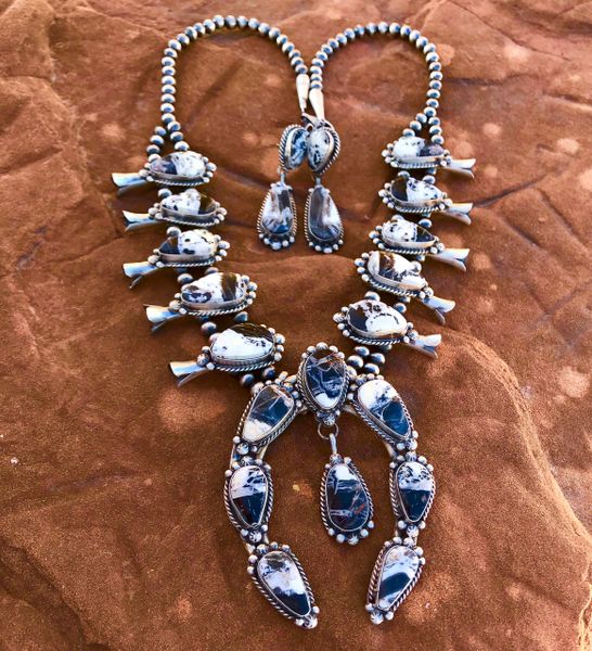 Sterling Navajo squash-blossom necklace with hand-picked, high-matrix white buffalo, and matching two-piece earrings. #1002
