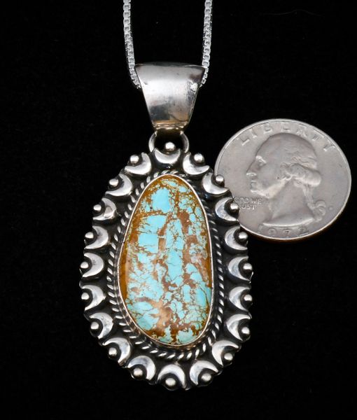 Smaller size Navajo Sterling pendant with Kingman, Arizona turquoise. #1029