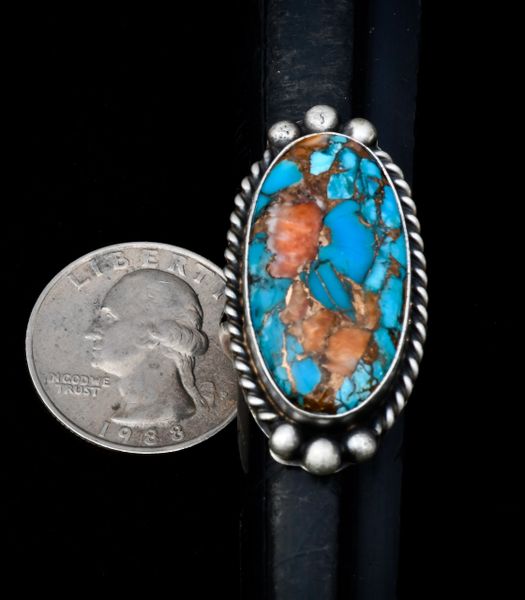 Size 8 Navajo Sterling ring with spiney oyster; turquoise and bronze. #1033
