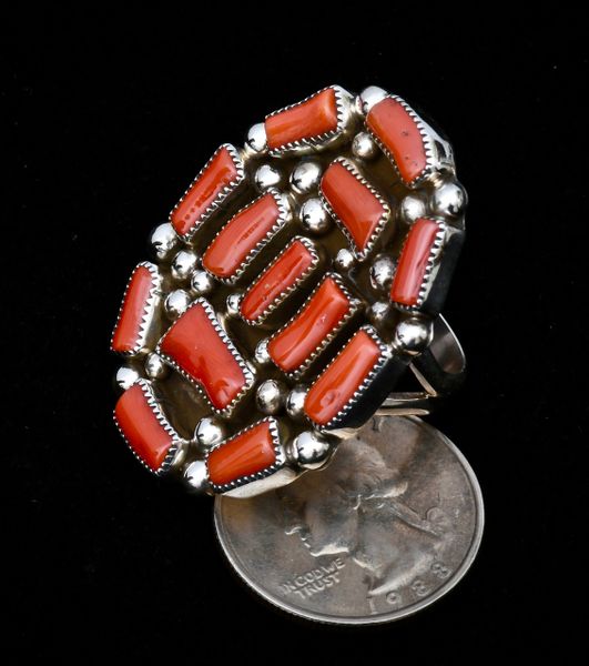 Size 8.5 Sterling Navajo cluster ring with thirteen pieces of real branch coral. #1048