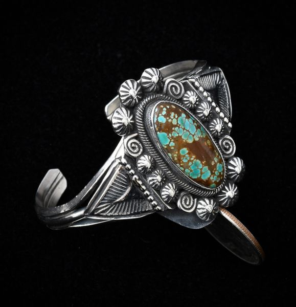 Smaller wrist size Sterling Navajo cuff with No. 8 Mine turquoise. #1055