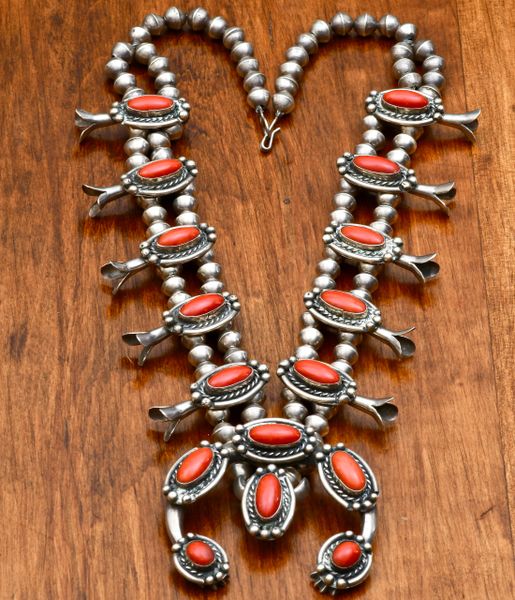 Circa 1971 Navajo red-coral squash-blossom necklace. #0651