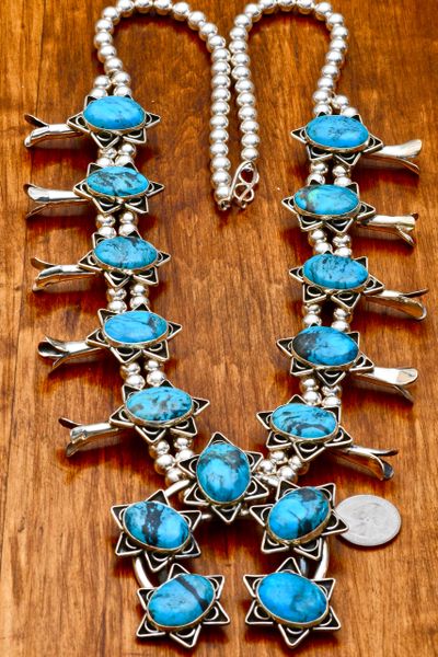 Knockout Chimney Butte squash-blossom necklace made longer and with blue Kingman turquoise. #0645